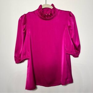 THML Woman’s Puff Sleeve Ruffle Neckline Pink Fuchsia Top Blouse Polyester